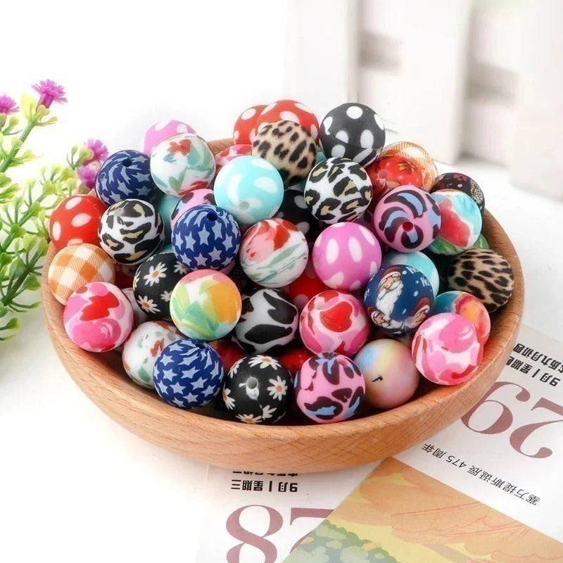 Wholesale 50pcs 15mm Water Transfer Gongju Pattern Silicone Beads